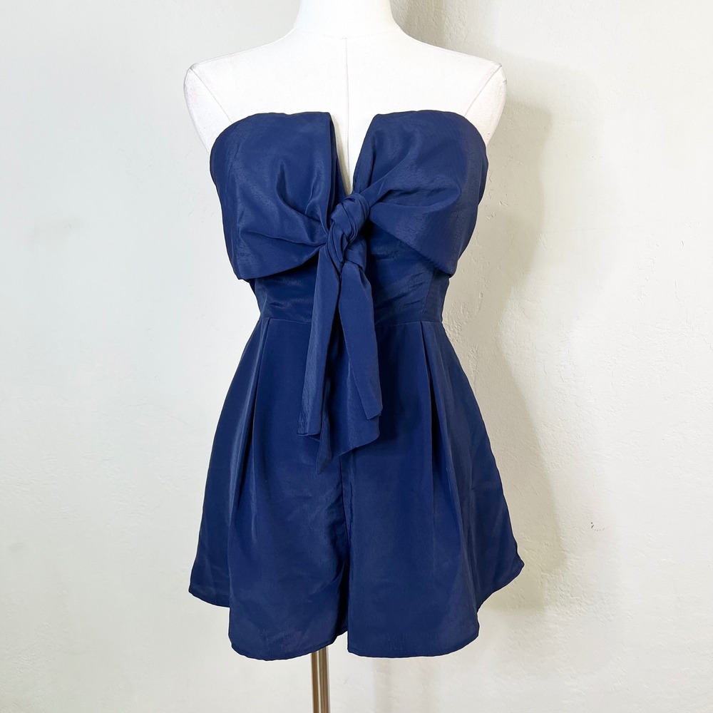 Lulus Romper Navy Blue Strapless Bow Front Small Sweetheart Pleated Nautical